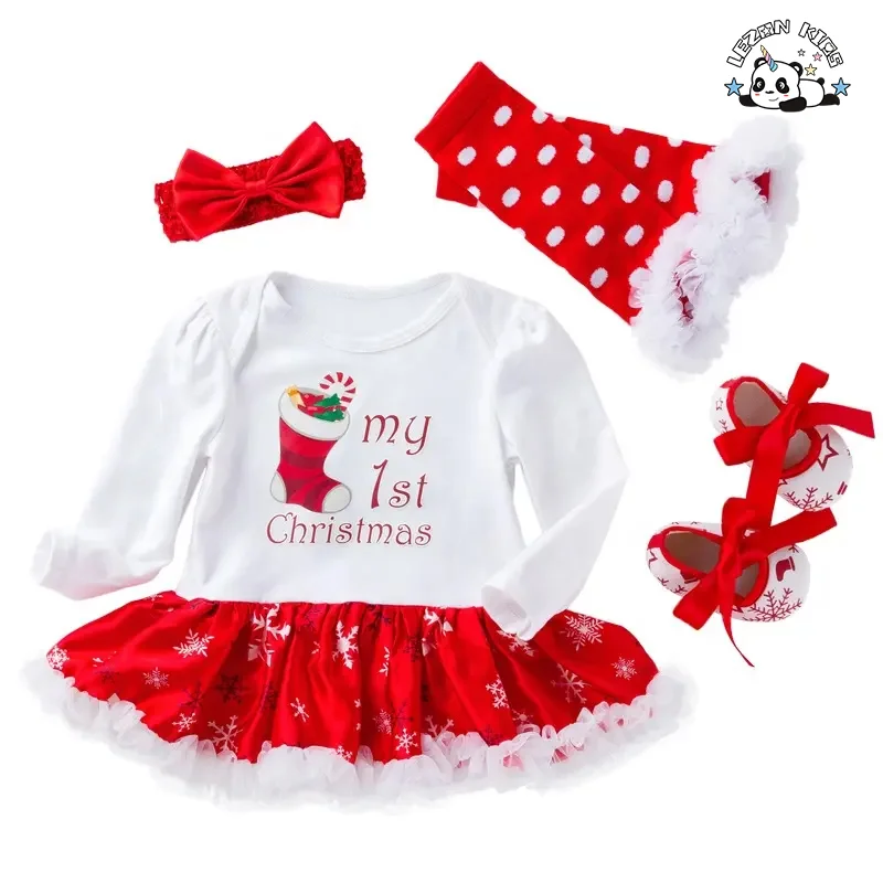 LEZONKIDS - Conjunto de Vestido de Natal de Inverno Personalizado para Bebê Menina Manga Longa Cartoon Vestido 4 Peças Conjunto de Sapatos Meias para Roupas de Bebê Menina